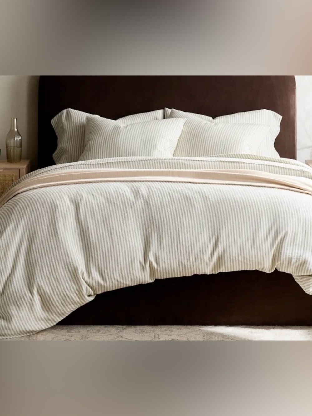 NWT Quince European Linen Stripe 1 Pc Duvet Cover, King/Cal (Willowleaf/White)